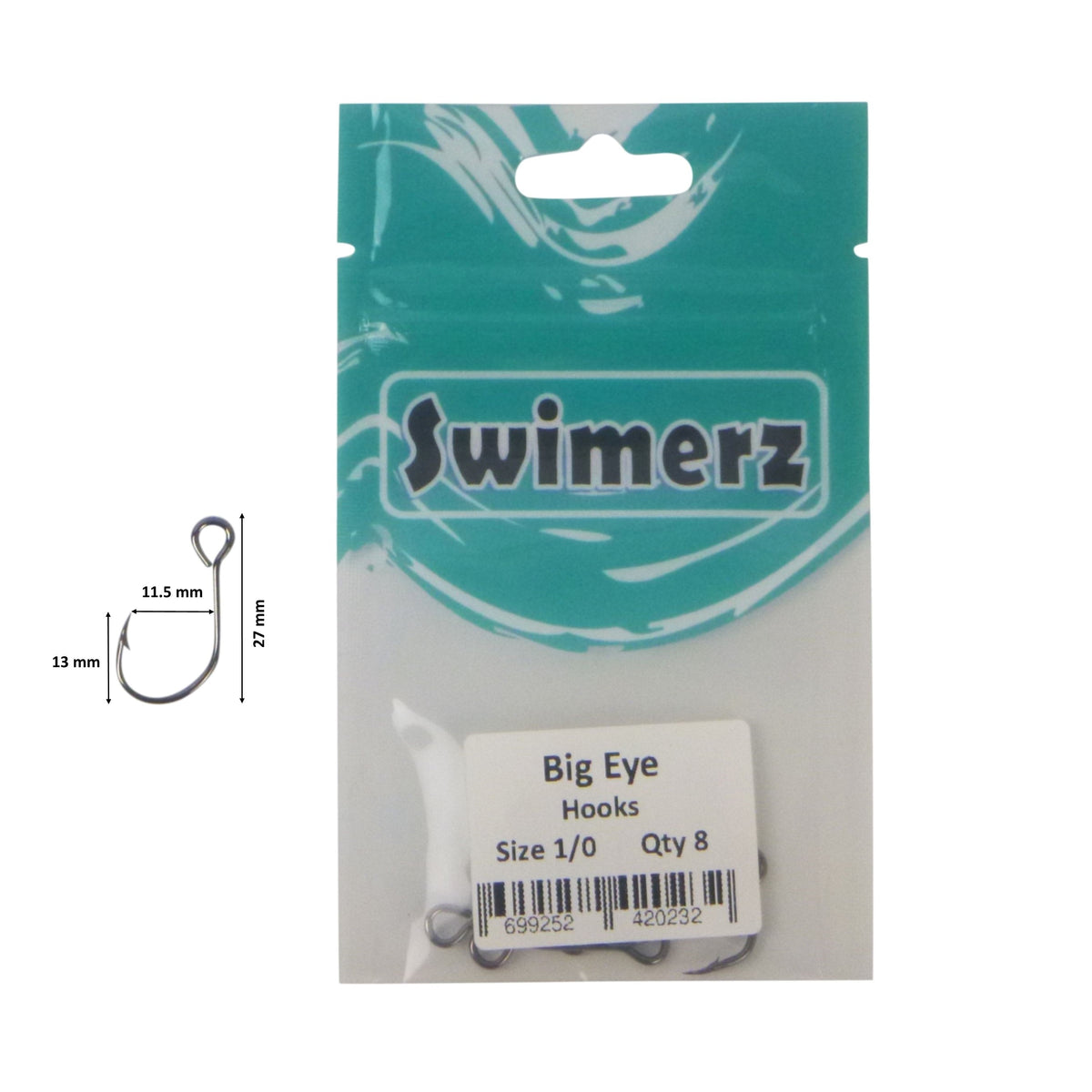 Swimerz Big Eye Inline Lure Hooks, Size 1/0, 8 Pack-2