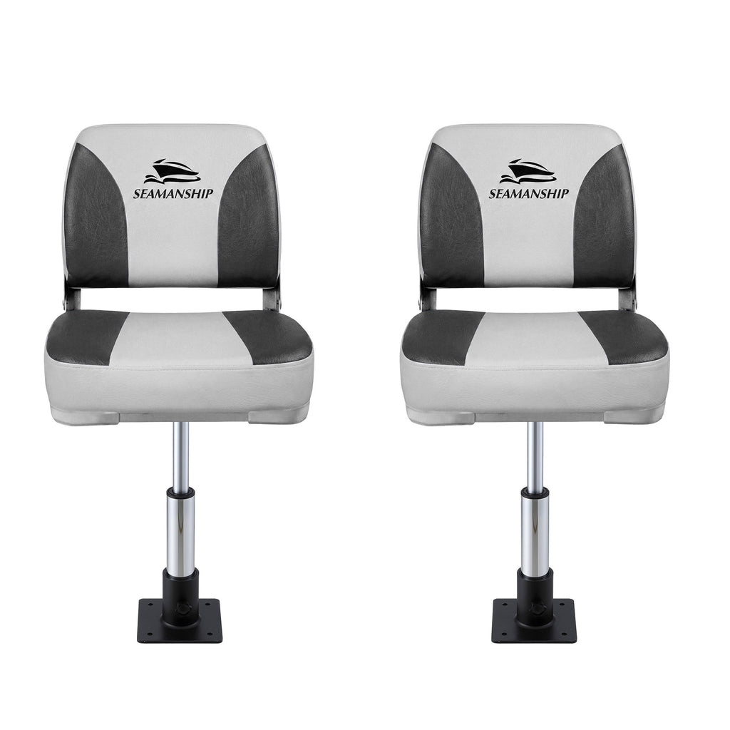 Seamanship 2X Folding Boat Seats with 2X Adjustable Pedestals 34–46cm Marine Swivel Low Back 13cm Padding Charcoal