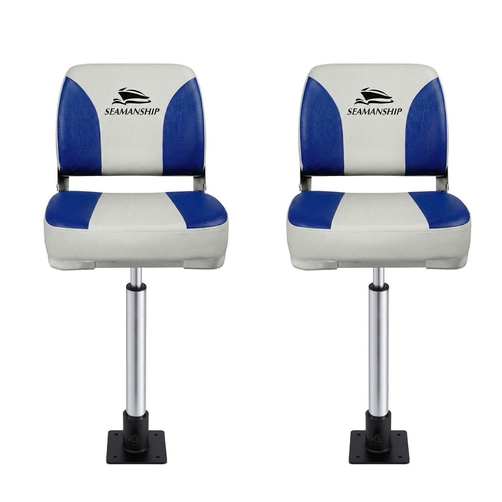 Seamanship 2X Folding Boat Seats with 2X Adjustable Pedestals 55–75cm Marine Swivel Low Back 13cm Padding White Blue