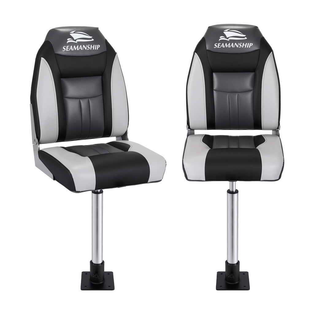 Seamanship 2X Folding Boat Seats with 2X Adjustable Pedestals 55–75cm Marine Seat Swivel High Back 12cm Padding Black