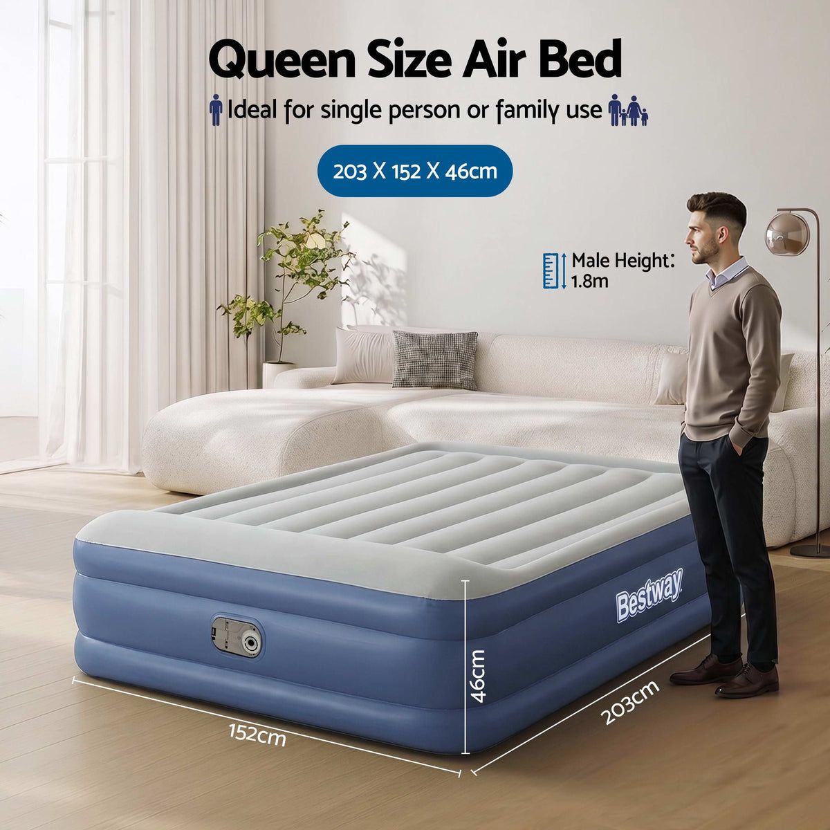 Bestway Queen Air Mattress with Built-in Pump Tritech Inflatable Bed 46cm