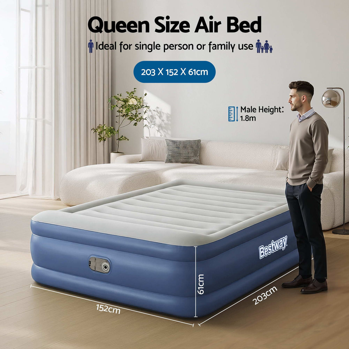 Bestway Queen Air Mattress with Built-in Pump Tritech Inflatable Bed 61cm