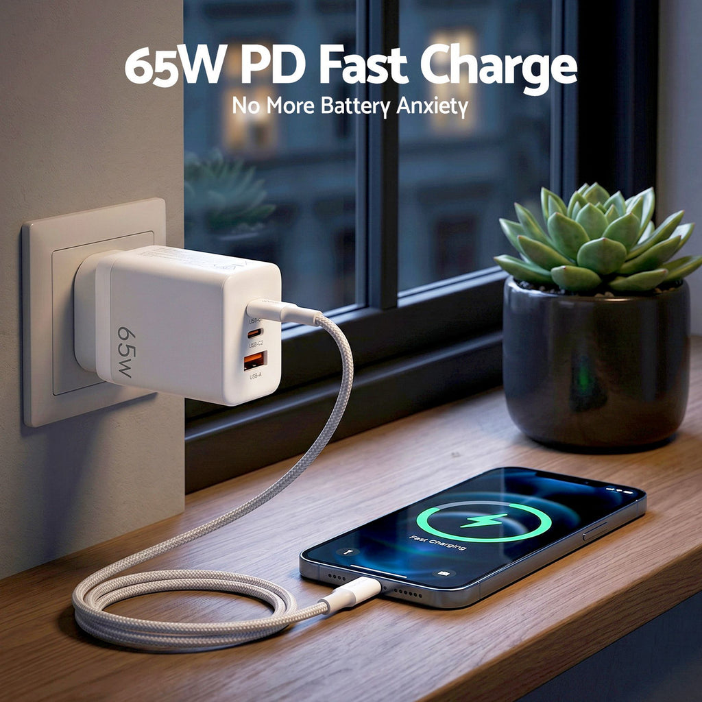 Devanti USB C Charger 65W Fast Charger 3 Port PD Wall Adapter White
