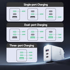 Devanti USB C Charger 65W Fast Charger 3 Port PD Wall Adapter White