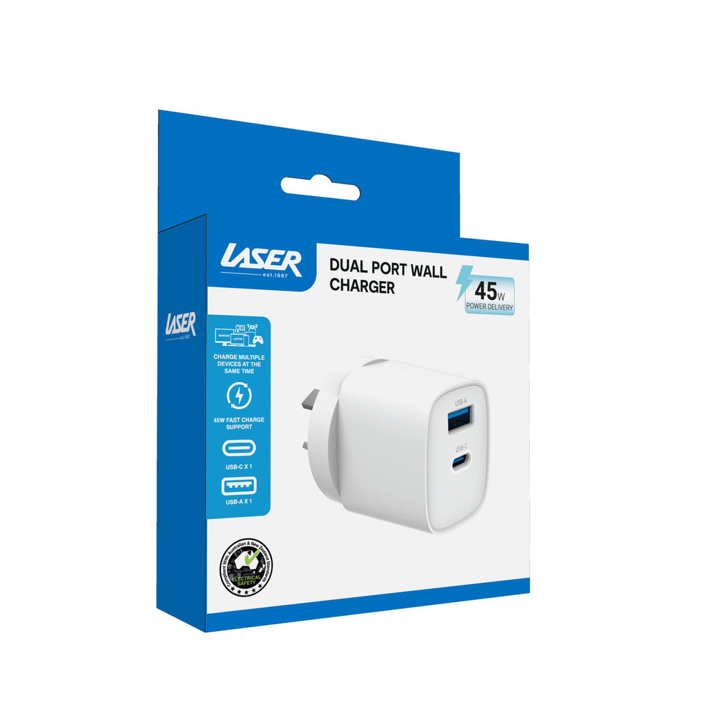 Laser Dual Port 45W USB Wall Charger White