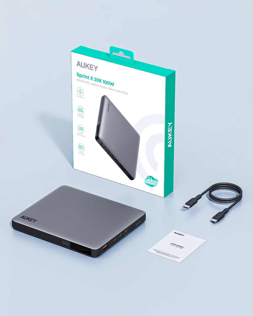 AUKEY Sprint X 20000mAh 100W Ultra-Slim USB-C Laptop Power Bank with PD & PPS – PB-Y44