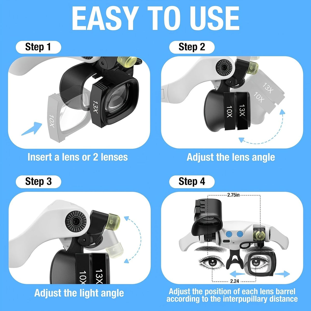 Black binocular magnifying glasses, LED lights, hands-free magnifier, adjustable magnification, high-powered magnifier, Australia