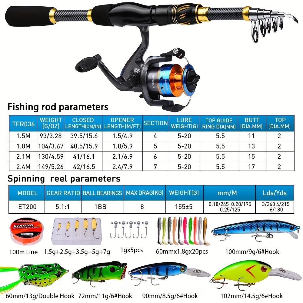 Proberus fishing rod reel set, including spinning reel, 1.8-meter fishing rod, fishing line, artificial bait, lead weight hook, complete set with storage bag