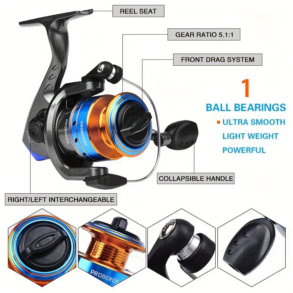 Proberus fishing rod reel set, including spinning reel, 1.8-meter fishing rod, fishing line, artificial bait, lead weight hook, complete set with storage bag