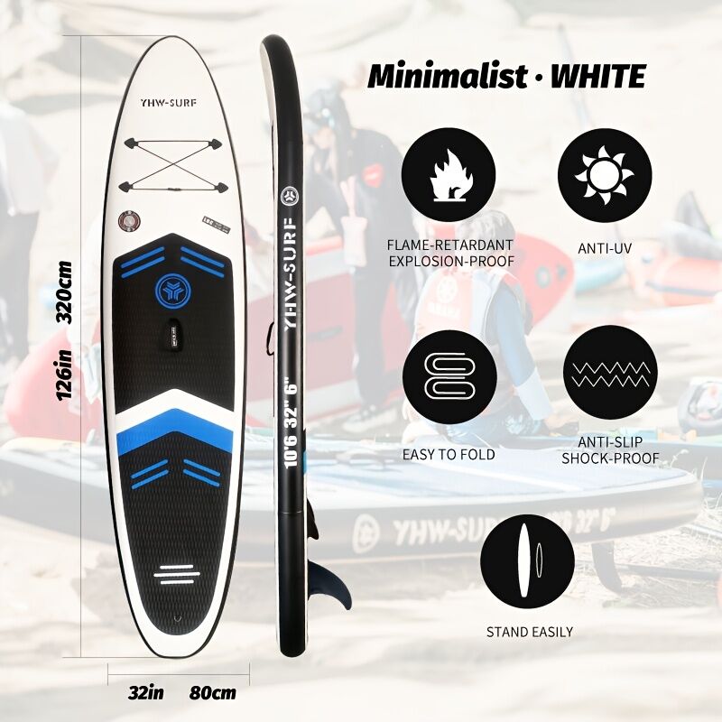 Inflatable vertical paddle set for water sports and surfing-including air pump, paddle, rope, backpack, fin box and maintenance tools.