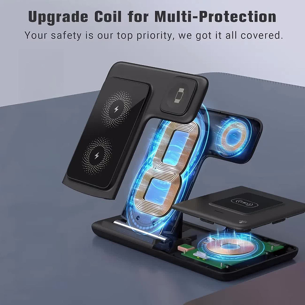 Multi-device 3-in-1 Foldable Wireless Charging Station | iWatch Series 9 8 7 6 SE 5 4 3 2, Ultra Airpods Pro 3 2, iPhone 17/16/15/14/13/12/11 Rapid Charging Stand - Magnetic Connector, USB Power Supply