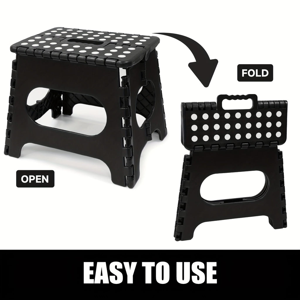 Black foldable camping stool, portable camping seat, lightweight outdoor furniture, durable stool for camping, compact camping gear
