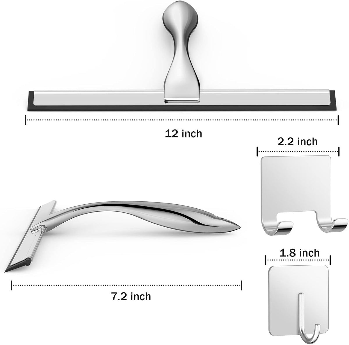 Multipurpose Stainless Steel Shower Scraper for Shower Door with 2 Adhesive Hooks, Bathroom Cleaning Tools Home Window Mirror Scraper for Home Cleaning, Glass Door, Tile Wall, Car, 12 Inch Silver