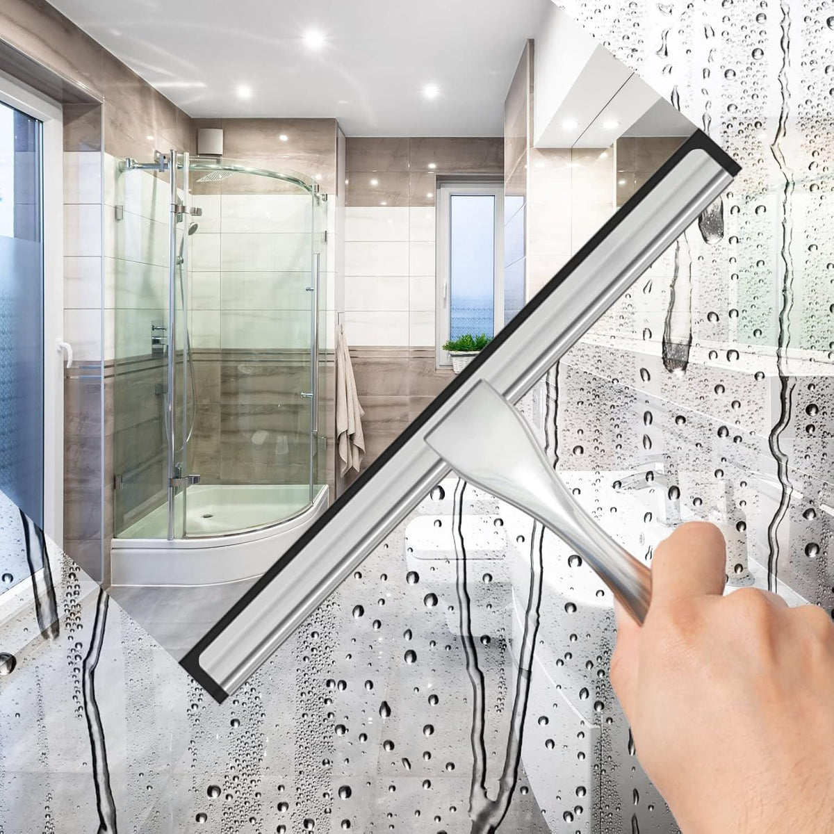 Multipurpose Stainless Steel Shower Scraper for Shower Door with 2 Adhesive Hooks, Bathroom Cleaning Tools Home Window Mirror Scraper for Home Cleaning, Glass Door, Tile Wall, Car, 12 Inch Silver