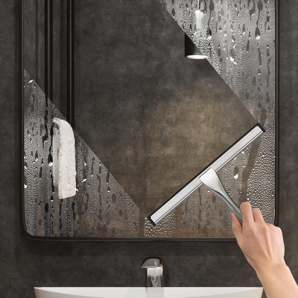 Multipurpose Stainless Steel Shower Scraper for Shower Door with 2 Adhesive Hooks, Bathroom Cleaning Tools Home Window Mirror Scraper for Home Cleaning, Glass Door, Tile Wall, Car, 12 Inch Silver
