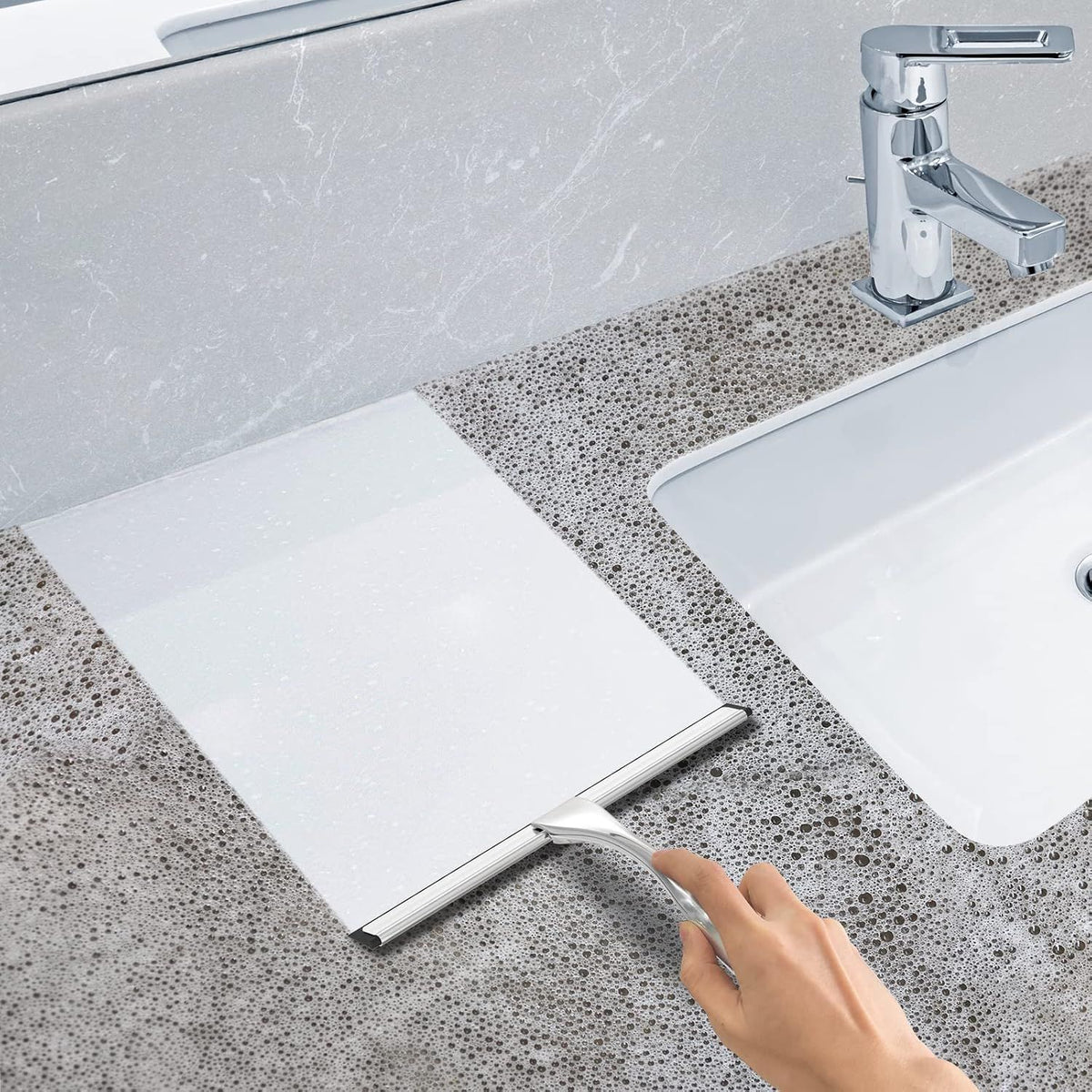 Multipurpose Stainless Steel Shower Scraper for Shower Door with 2 Adhesive Hooks, Bathroom Cleaning Tools Home Window Mirror Scraper for Home Cleaning, Glass Door, Tile Wall, Car, 14 Inch Silver