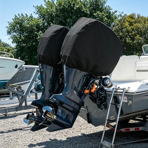 Fit:30-60HP  Small Outboard Motor Cover, Boat Motor Cover Black Waterproof Oxford Fabric, Sunproof, All-Weather Protection, Boat Hood Cover Fit Yamaha, Mercury, Suzuki, Tohatsu, Honda - Black