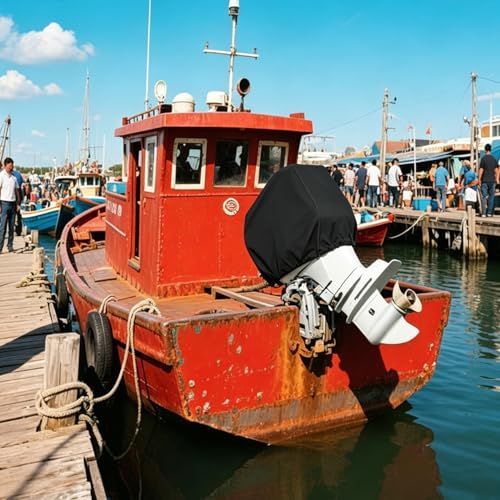 Fit:100-150HP  Small Outboard Motor Cover, Boat Motor Cover Black Waterproof Oxford Fabric, Sunproof, All-Weather Protection, Boat Hood Cover Fit Yamaha, Mercury, Suzuki, Tohatsu, Honda - Black - Size 100-150 HP
