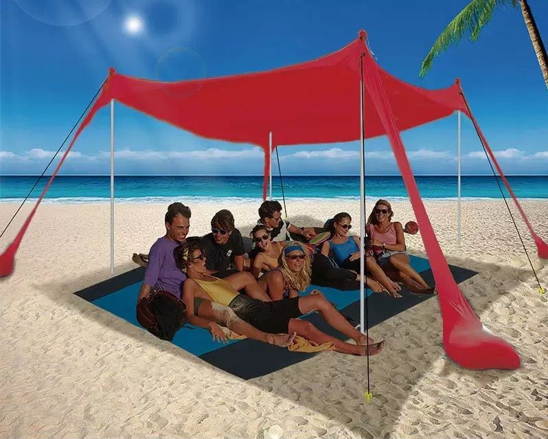 210*200*150CM 4 Poles Beach Tent Shade Canopy with UPF50+ Protection Sun Shelter Portable Camping Tents with Sandbags Poles and Ground Pegs and Anti-Wind Ropes for Beach Outdoor Camping Backyard Picnics - Red