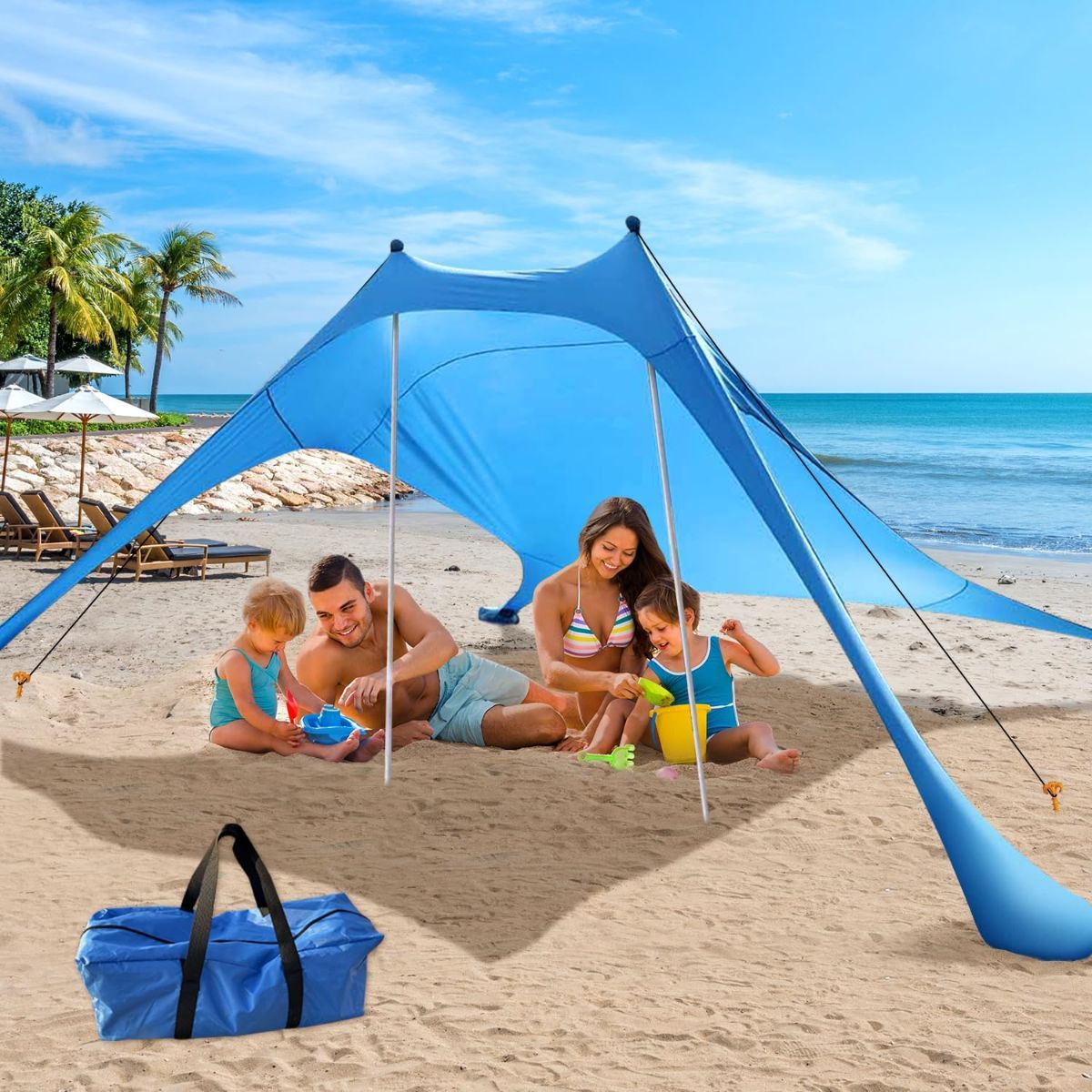 210*170*150CM 2 Poles Beach Tent Shade Canopy with UPF50+ Protection Sun Shelter Portable Camping Tents with Sandbags Poles and Ground Pegs and Anti-Wind Ropes for Beach Outdoor Camping Backyard Picnics - Blue