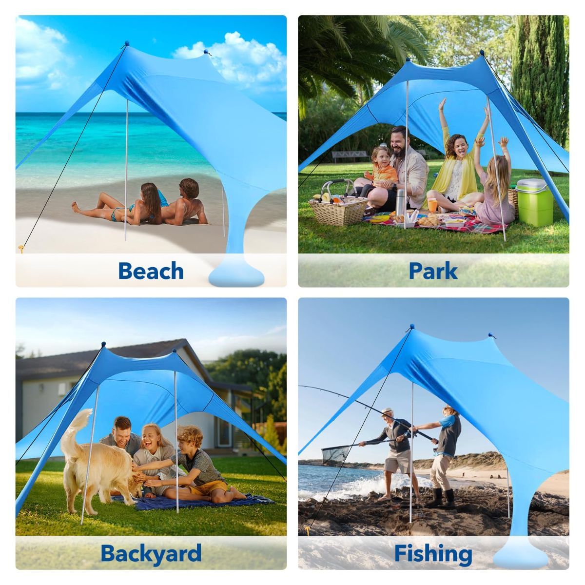 300*300*200CM 2 Poles Beach Tent Shade Canopy with UPF50+ Protection Sun Shelter Portable Camping Tents with Sandbags Poles and Ground Pegs and Anti-Wind Ropes for Beach Outdoor Camping Backyard Picnics - Blue