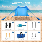 210*200*150CM 2 Poles Beach Tent Shade Canopy with UPF50+ Protection Sun Shelter Portable Camping Tents with Sandbags Poles and Ground Pegs and Anti-Wind Ropes for Beach Outdoor Camping Backyard Picnics - Red