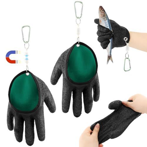 2 Pcs Fishing Gloves with Magnet Release, Fisherman Professional Catch Fish Gloves Quickly Drying Fishing Puncture Proof Glove, Anti-Slip Fish Glove for Handling, Catching