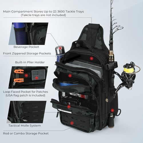 Fishing Sling Bag, Fishing Backpack with Rod Holder Fishing Bag Storge Fishing Gear, Gift for Men, Molle System, Water-Resistant Material - Green - Size 1Pack