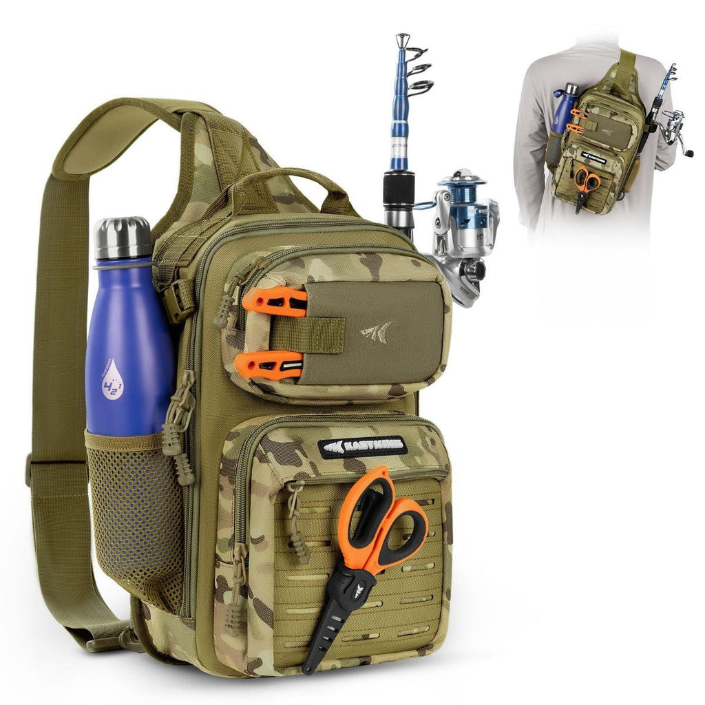 Fishing Sling Bag, Fishing Backpack with Rod Holder Fishing Bag Storge Fishing Gear, Gift for Men, Molle System, Water-Resistant Material - Green - Size 1Pack