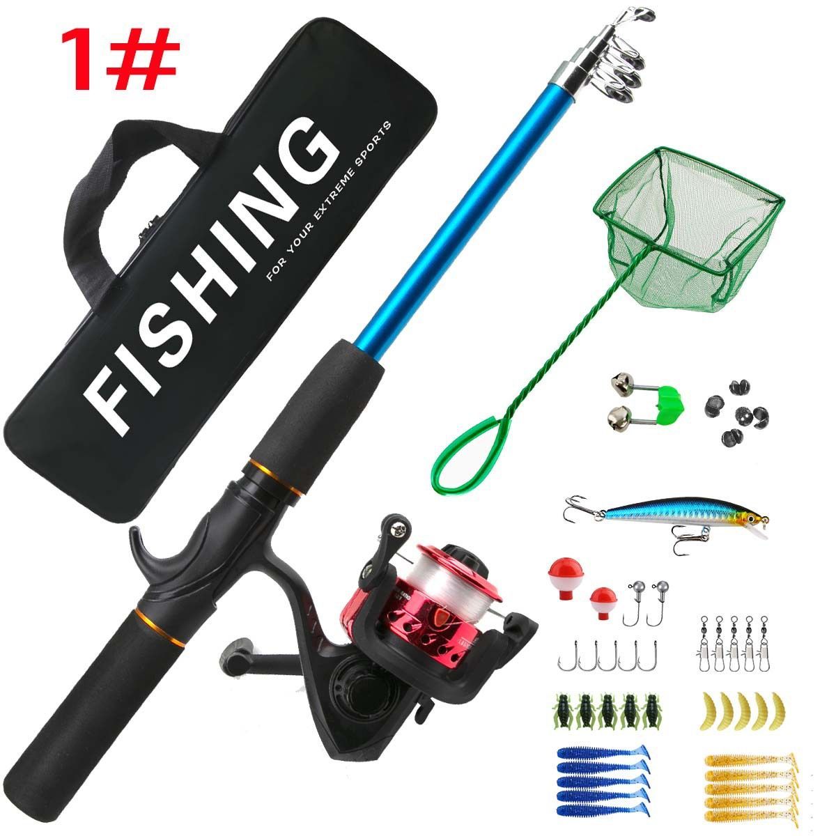 Beginner Fishing Set Fishing Tackles Including Reel Telescopic Rod Float Baits Hook Connector Landing Net & Storage Bag Rod - Green Set 2 - Size 1 Pack