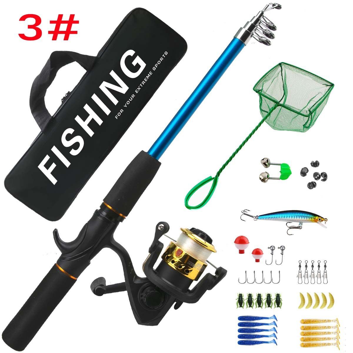 Beginner Fishing Set Fishing Tackles Including Reel Telescopic Rod Float Baits Hook Connector Landing Net & Storage Bag Rod - Green Set 3 - Size 1 Pack