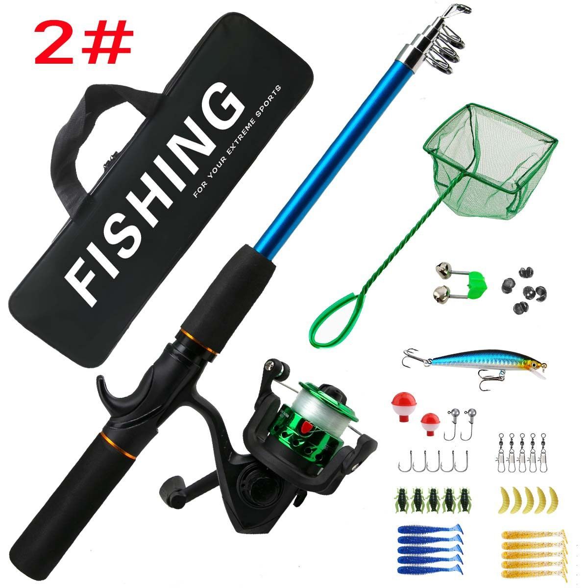 Beginner Fishing Set Fishing Tackles Including Reel Telescopic Rod Float Baits Hook Connector Landing Net & Storage Bag Rod - Green Set 4 - Size 1 Pack
