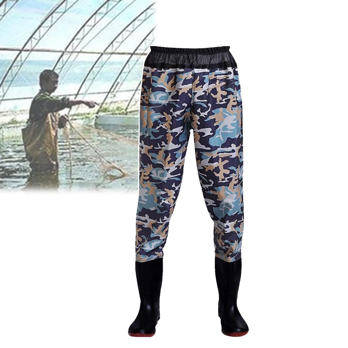 Waist Wading Pants, Thickened Rain Boots, Water Pants with PVC Waterproof, Anti Slip, Wear-Resistant Wading Boots,for Fly Fishing,Duck Hunting,Kayaking - Blue - Size 44