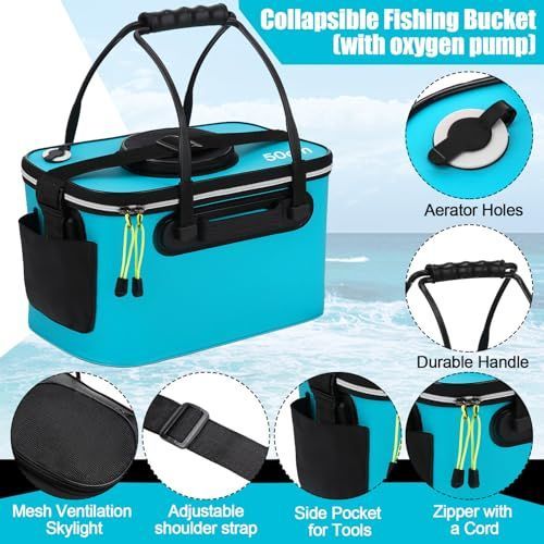 8 Gallon Foldable Fishing Bucket Portable Aerator EVA Live Bait Bucket Quiet Air Pump - Black