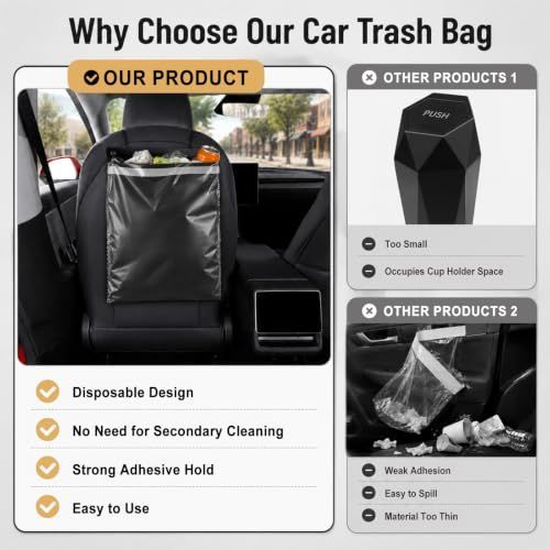 50 PCS Car Trash Bags Disposable Leakproof Hanging Stick-On | Trash Bags for Car SUV Truck RVs Road Trips & Travel Waterproof Garbage Bags, Leak Proof Design Vehicle Trash Organizer