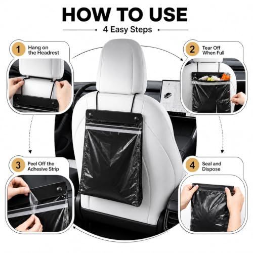 50 PCS Car Trash Bags Disposable Leakproof Hanging Stick-On | Trash Bags for Car SUV Truck RVs Road Trips & Travel Waterproof Garbage Bags, Leak Proof Design Vehicle Trash Organizer