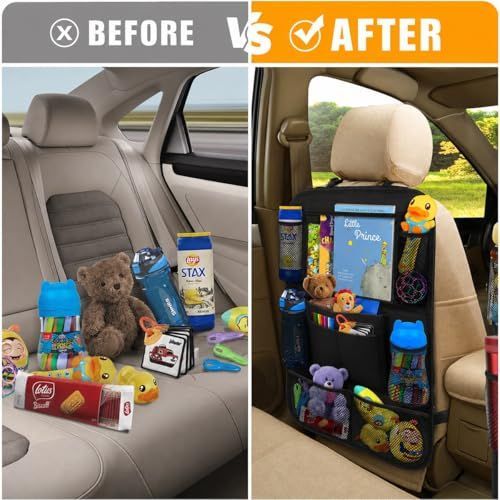 Car Backseat Organizer with 10" Table Holder, 9 Storage Pockets Seat Back Protectors Kick Mats for Kids Toddlers, Travel Accessories, 2 Pack (Black)