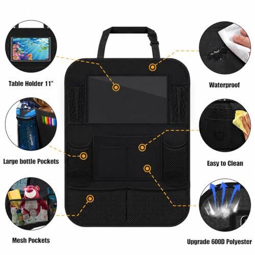 Car Backseat Organizer with 10" Table Holder, 9 Storage Pockets Seat Back Protectors Kick Mats for Kids Toddlers, Travel Accessories, 2 Pack (Black)