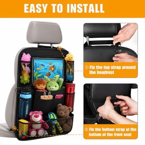 Car Backseat Organizer with 10" Table Holder, 9 Storage Pockets Seat Back Protectors Kick Mats for Kids Toddlers, Travel Accessories, 2 Pack (Black)