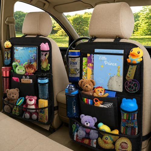 Car Backseat Organizer with 10" Table Holder, 9 Storage Pockets Seat Back Protectors Kick Mats for Kids Toddlers, Travel Accessories, 2 Pack (Black)