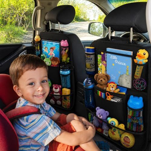 Car Backseat Organizer with 10" Table Holder, 9 Storage Pockets Seat Back Protectors Kick Mats for Kids Toddlers, Travel Accessories, 2 Pack (Black)