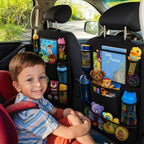 Car Backseat Organizer with 10" Table Holder, 9 Storage Pockets Seat Back Protectors Kick Mats for Kids Toddlers, Travel Accessories, 2 Pack (Black)