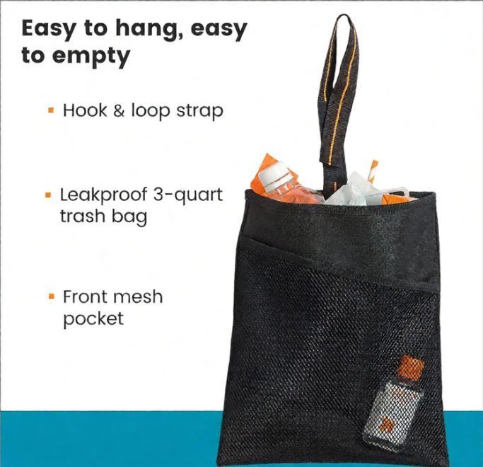 2Pack Small Car Trash Bag with Waterproof Liner and Storage Pocket | Hanging Car Garbage Bag Holds Wet and Dry Car Trash Without Taking Up Floor or Legroom Space - Black - Size 2Pack
