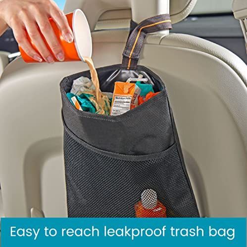 2Pack Small Car Trash Bag with Waterproof Liner and Storage Pocket | Hanging Car Garbage Bag Holds Wet and Dry Car Trash Without Taking Up Floor or Legroom Space - Black - Size 2Pack