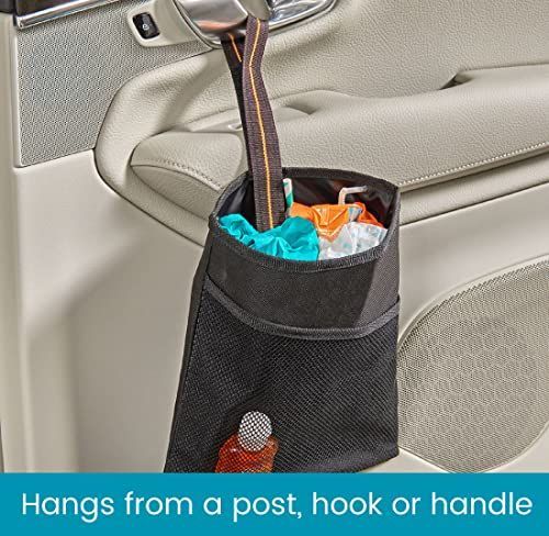 2Pack Small Car Trash Bag with Waterproof Liner and Storage Pocket | Hanging Car Garbage Bag Holds Wet and Dry Car Trash Without Taking Up Floor or Legroom Space - Black - Size 2Pack