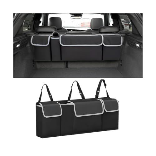 Car Trunk Organizer, Hanging Backseat Storage Bag, Backseat hanging trunk organizer with 4 Pockets, waterproof collapsible cargo bag, adjustable straps, Universal accessories Black