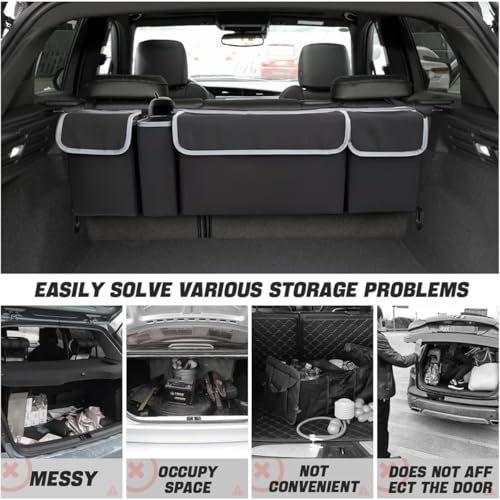 Car Trunk Organizer, Hanging Backseat Storage Bag, Backseat hanging trunk organizer with 4 Pockets, waterproof collapsible cargo bag, adjustable straps, Universal accessories Black