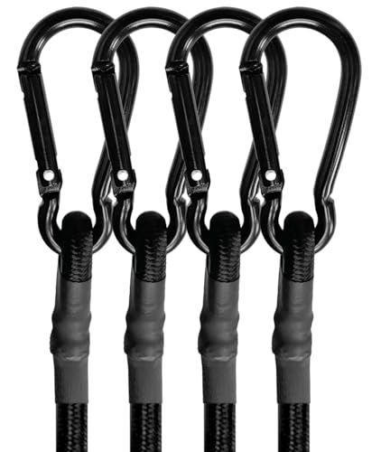 4 Pcs Bungee Cords with Carabiner Hooks Heavy Duty, Outdoor Black Bungee Straps, Strong Industrial Grade Elastic Bungee Rope for Securing Tarps, Luggage, Tents，Bikes or Garden Tidying