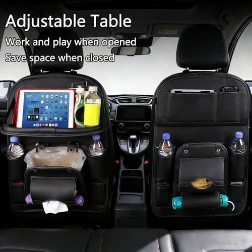 3.15"D x 17.7"W x 25.2"H Universal Premium Leather Foldable Car Backseat Organizer with Table Tray, Car Seat Back Protector with Garbage Bag Touch Screen Pad Holder, Car Kick Mats with Tissue Box - Beige - Size 1Pack