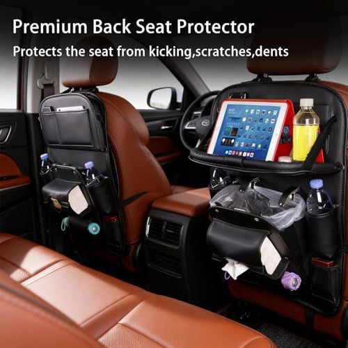 3.15"D x 17.7"W x 25.2"H Universal Premium Leather Foldable Car Backseat Organizer with Table Tray, Car Seat Back Protector with Garbage Bag Touch Screen Pad Holder, Car Kick Mats with Tissue Box - Beige - Size 1Pack